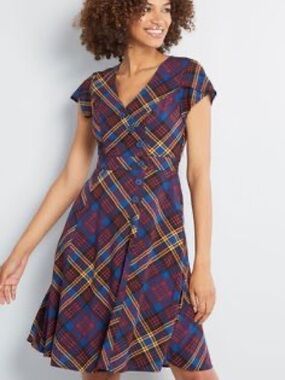 ModCloth Vintage 50s Inspired Plaid Fit & Flare Dress Size Medium Retro Classic
